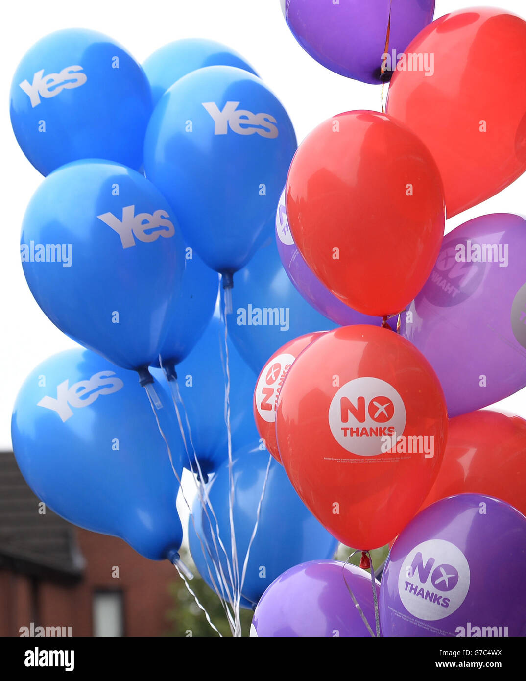 Yes and No Unterstützer vor einer Kundgebung der No Kampagne gegen die schottische Unabhängigkeit in Glasgow, vor dem schottischen Unabhängigkeitsreferendum, das morgen stattfindet. Stockfoto