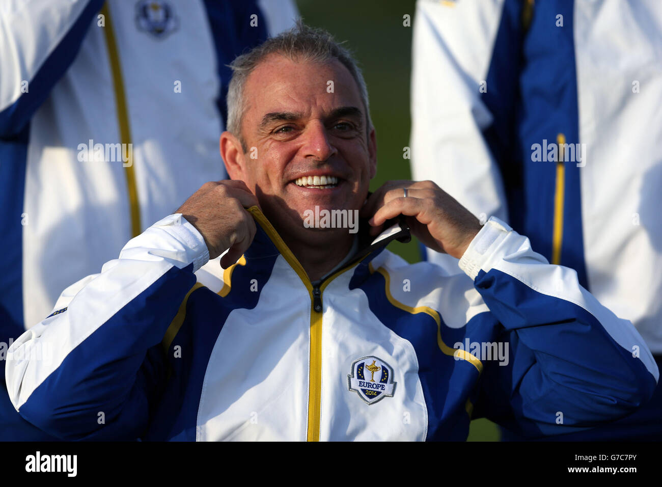 Golf - 40. Ryder Cup - Üben Tag 1 - Gleneagles. Europa-Kapitän Paul McGinley während des Team-Fotoanrufs am ersten Tag des 40. Ryder Cup auf dem Gleneagles Golf Course, Perthshire. Stockfoto