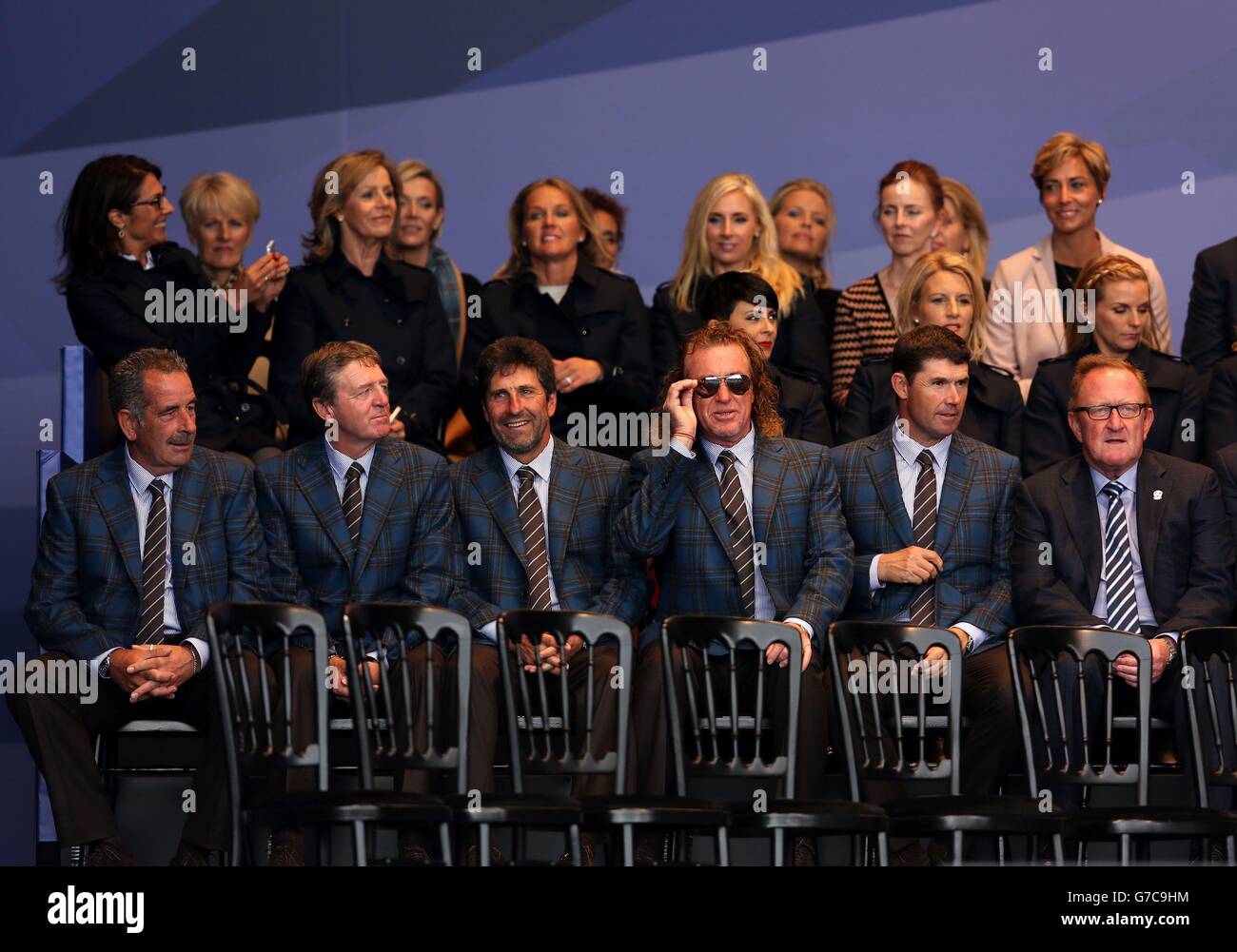 (Links-rechts) Europas Vizekapitäne Sam Torrance, des Smyth, Jose Maria Olazabal, Miguel Angel Jimenez und Padraig Harrington während der Eröffnungszeremonie auf dem Gleneagles Golf Course, Perthshire. Stockfoto