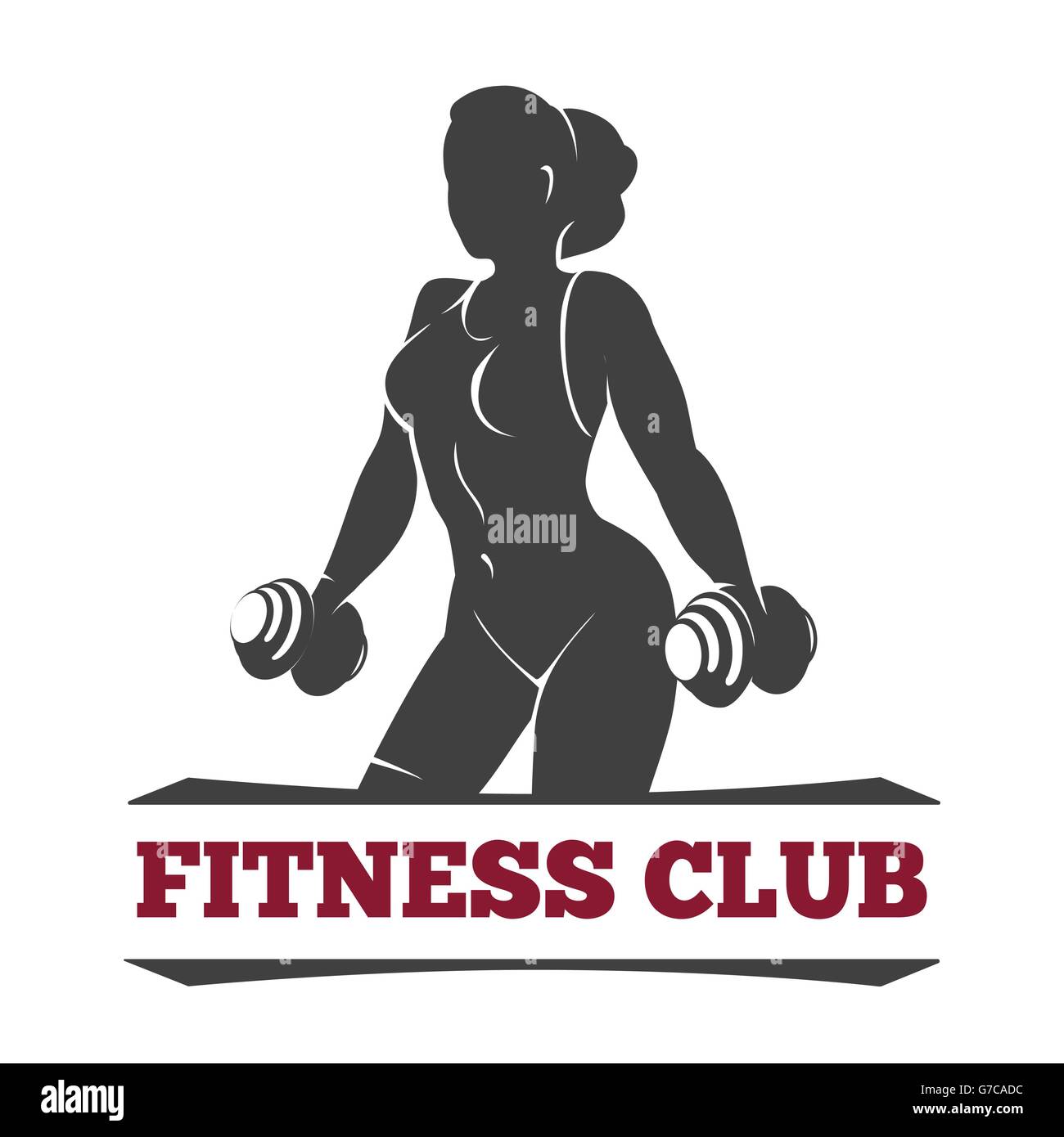 Fitness Club oder Fitness-Studio-Emblem oder Poster Design-Vorlage. Silhouette der sportlichen Frau mit Hanteln. Kostenlose Schriftart verwendet. Stock Vektor