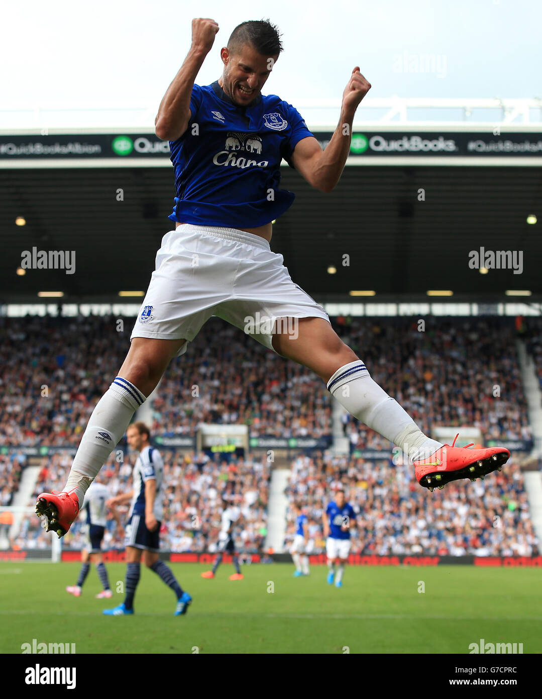 Everton Kevin Mirallas feiert Scoring seiner Seiten zweiten Tor des Spiels während der Barclays Premier League Spiel in den Hawthorns, West Bromwich. DRÜCKEN Sie VERBANDSFOTO. Bilddatum: Samstag, 13. September 2014. Siehe PA Geschichte FUSSBALL West Brom. Bildnachweis sollte lauten: Nick Potts/PA Wire. Stockfoto