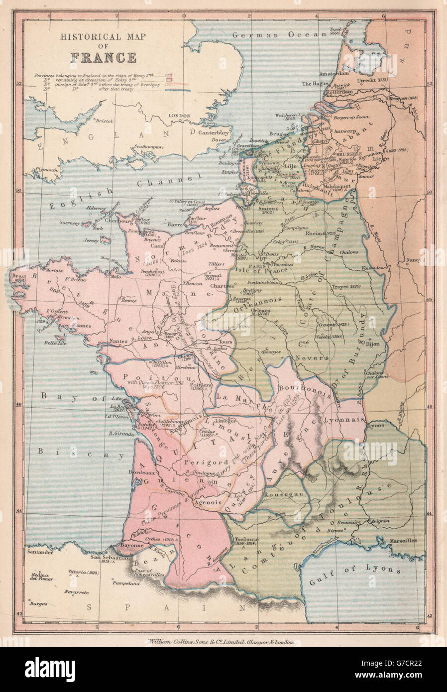 FRANKREICH HISTORISCHE. Englische Territorien unter Henry II III Edward III, 1878-Karte Stockfoto