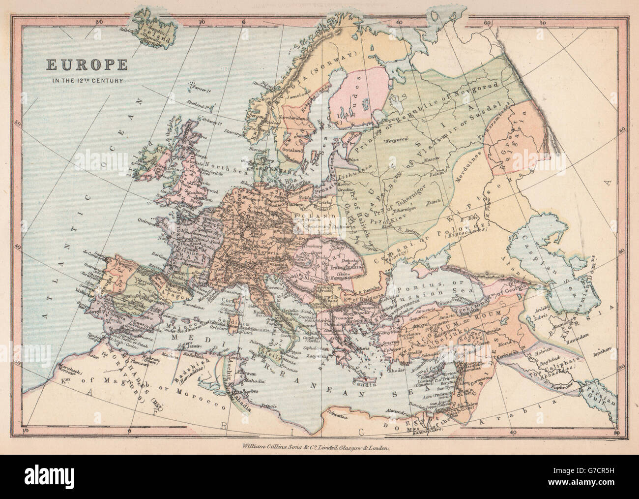 "Europa im 12. Jahrhundert". Bartholomäus, 1878 Antike Landkarte Stockfoto