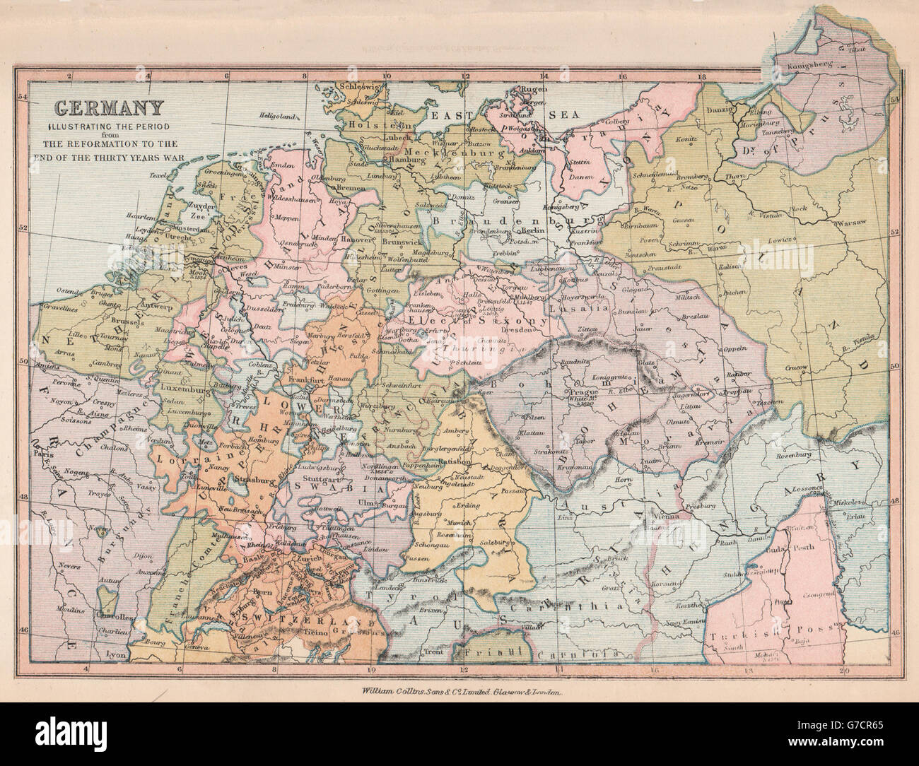 Deutschland. "Von der Reformation bis zum Ende des Dreißigjährigen Krieges", 1878 Karte Stockfoto
