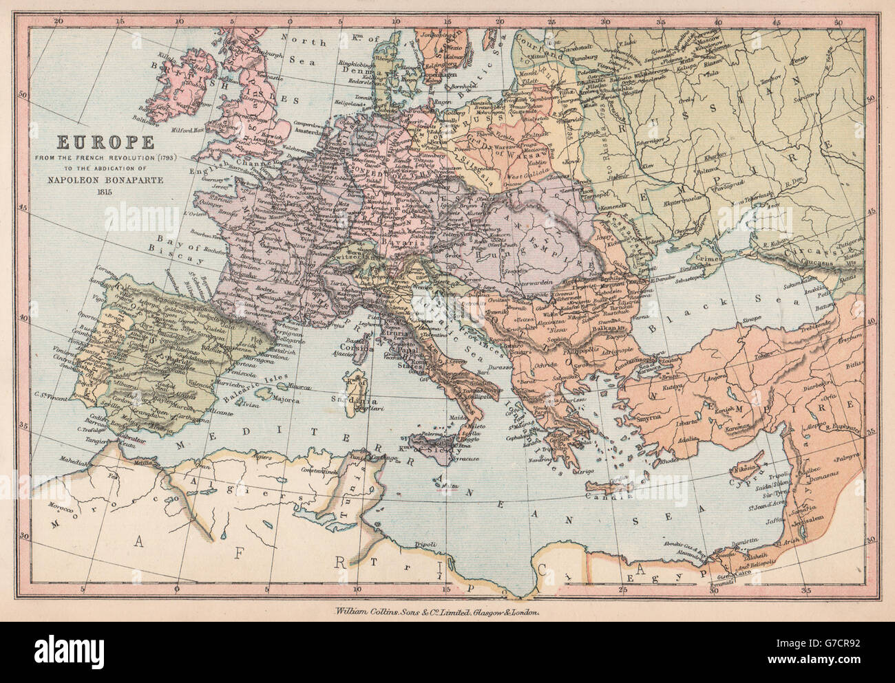 NAPOLEONISCHEN EUROPA. Französischen Revolution 1793 - Napoleons Abdankung 1815, 1878-Karte Stockfoto