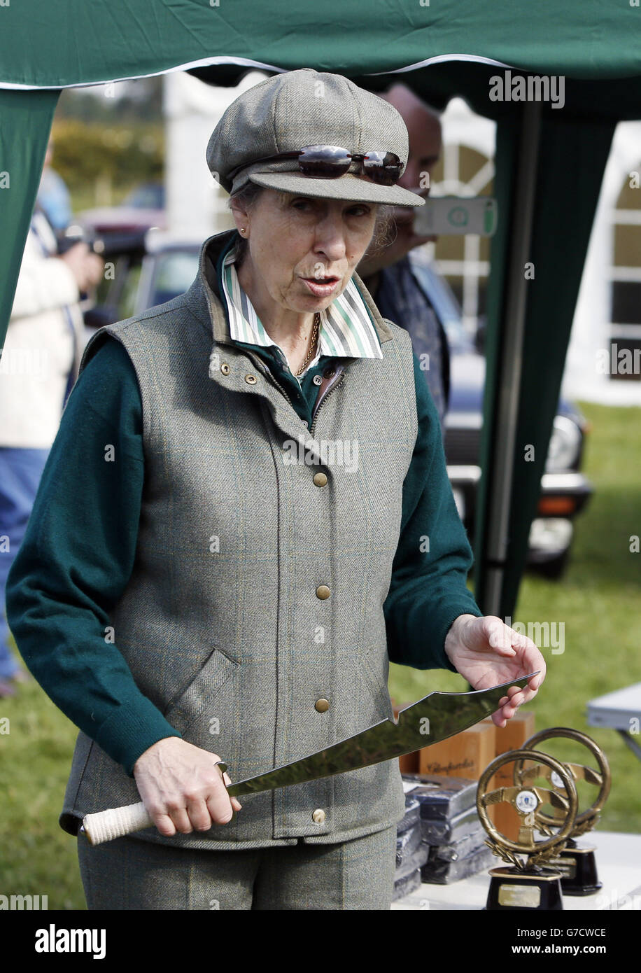 Prinzessin Anne verwendet einen Scmitar, um einen Jubiläumskuchen zu schneiden, um den 25. Jahrestag des Middlebridge Scimitar zu begehen. Der berühmteste Besitzer eines Middlebridge Scimitar ist HRH die Prinzessin Royal selbst! Während des dritten Tages der 2014 Gatcombe Horse Trials, Gatcombe Park, Stroud. Stockfoto