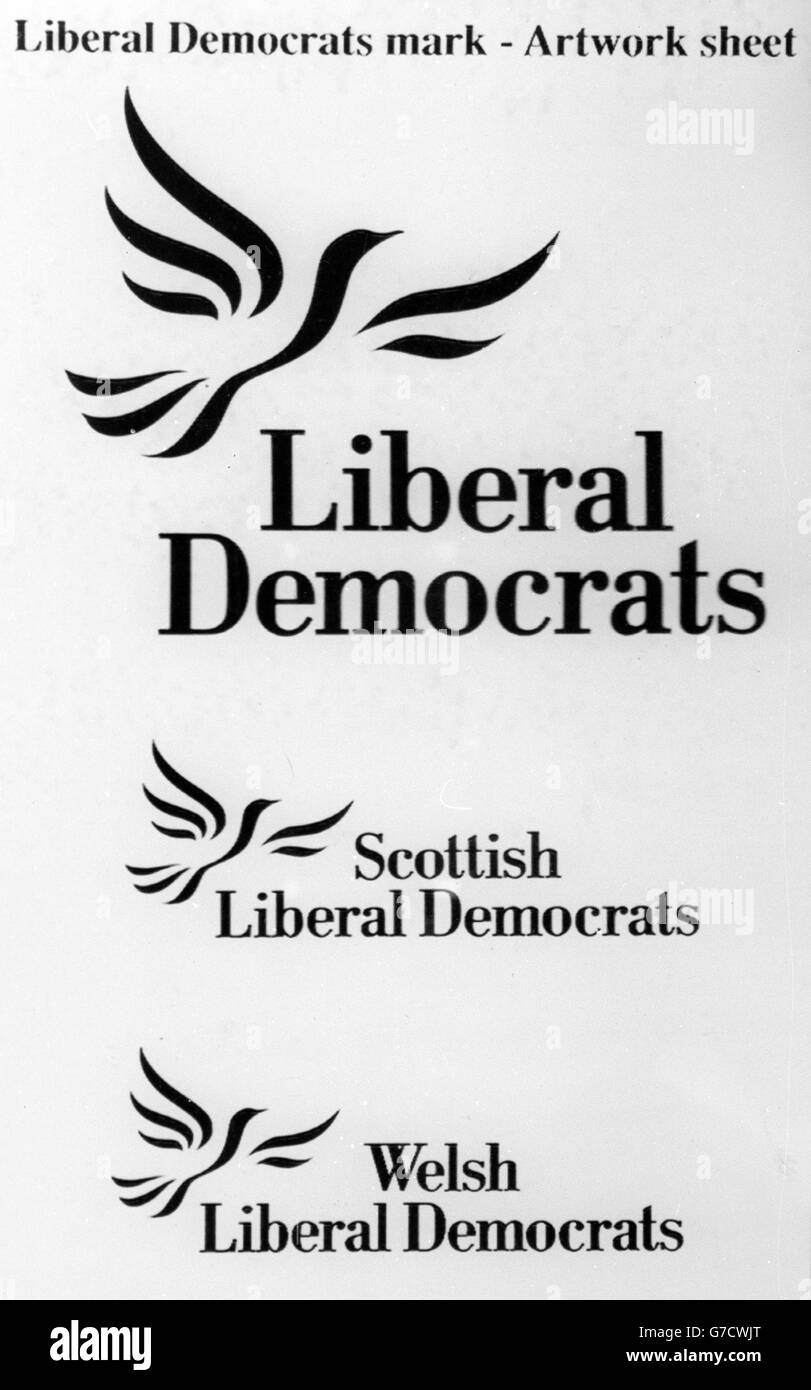 Das neue Logo der Liberal-Demokratischen Partei, das aufsteigende „Vögel der Freiheit“ zeigt, soll in London vom Parteichef Paddy Ashdown ins Leben gerufen werden. Stockfoto