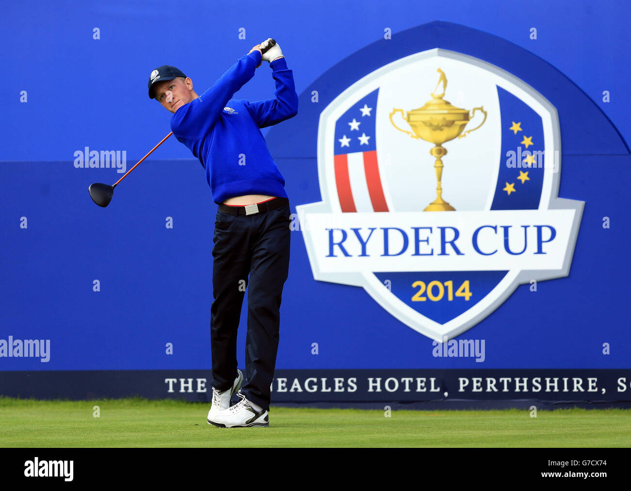 Golf - 40. Ryder Cup - Praxis Tag zwei - Gleneagles. Der Schwede Marcus Kinhult tritt beim Junior Ryder Cup während einer Trainingseinheit auf dem Gleneagles Golf Course in Perthshire an. Stockfoto