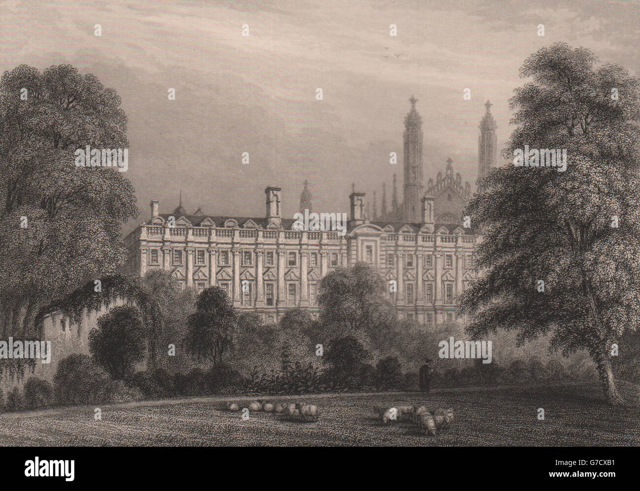 Clare Hall (CLARE COLLEGE), aus den Gärten, Cambridge. LE KEUX, print 1841 Stockfoto