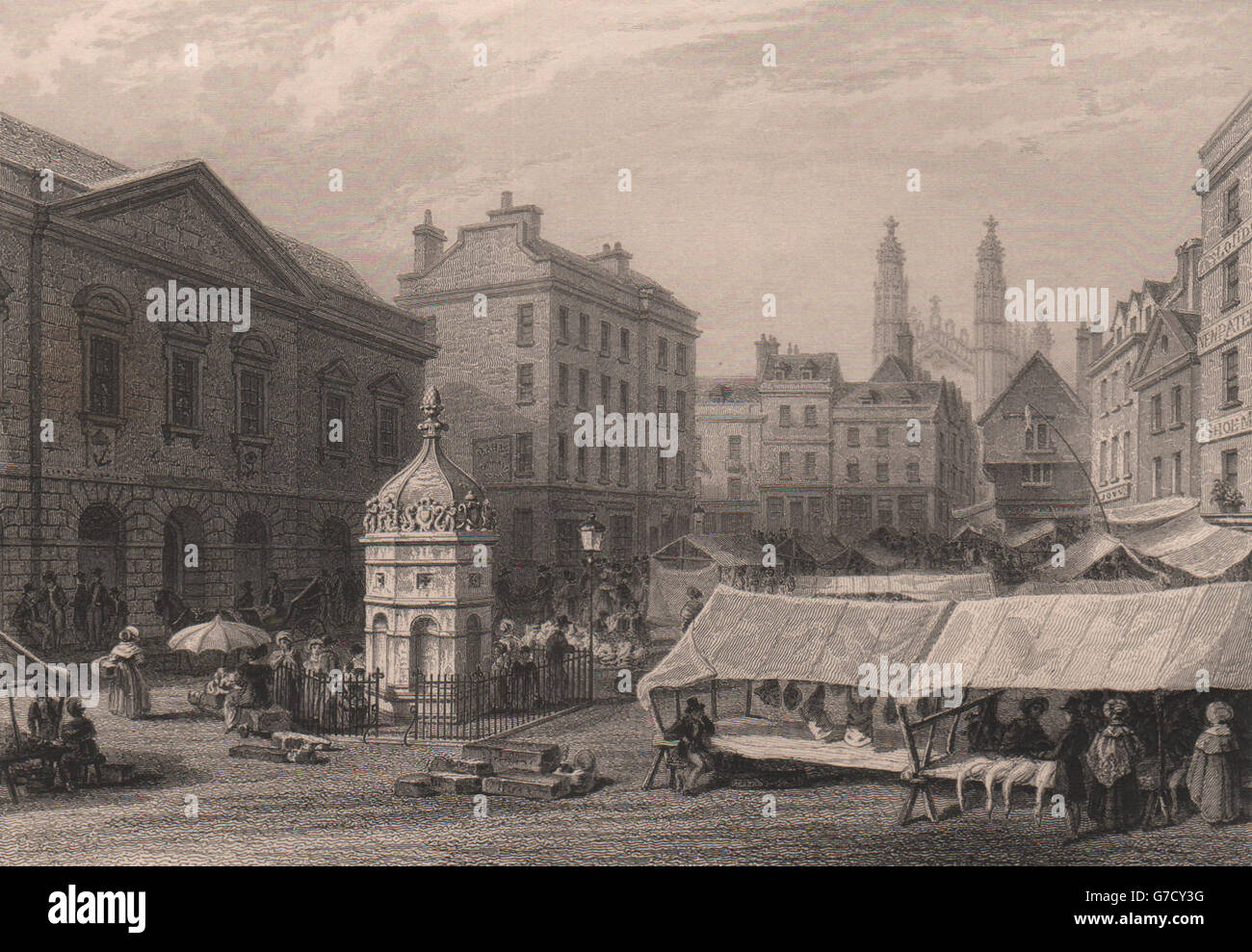 CAMBRIDGE. Der Marktplatz mit dem Rathaus & Hobsons Conduit. LE KEUX, 1841 Stockfoto