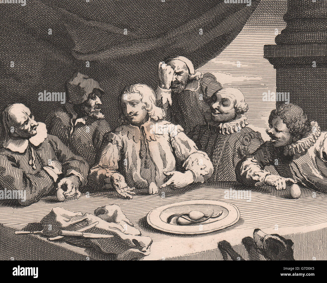 "Kolumbus das Ei zu brechen". Nach William HOGARTH antique print 1833 Stockfoto