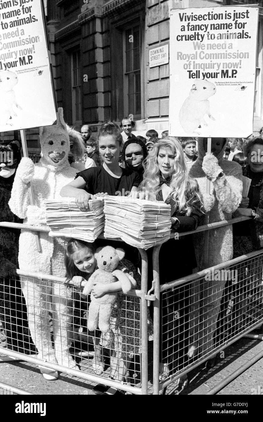 Die Singer-Songwriterin Lynsey de Paul (rechts) und die Schauspielerin Jessica Benton von Onedin Line präsentieren in der Downing Street 10 eine Petition mit 250,000 Unterschriften, in der sie ein Verbot von Tierversuchen fordern. Andere Mitglieder der National Anti-Vivisection Society nahmen als Tiere gekleidet Teil. Stockfoto