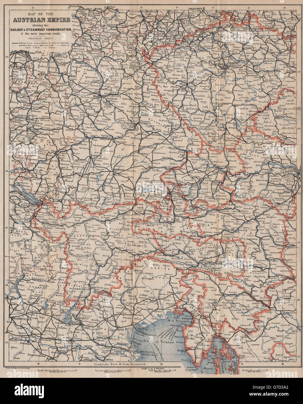 ÖSTERREICHISCHEN Reich WEST Bahnen. Tschechische Republik Kroatien Tirol Deutschland, Karte von 1896 Stockfoto