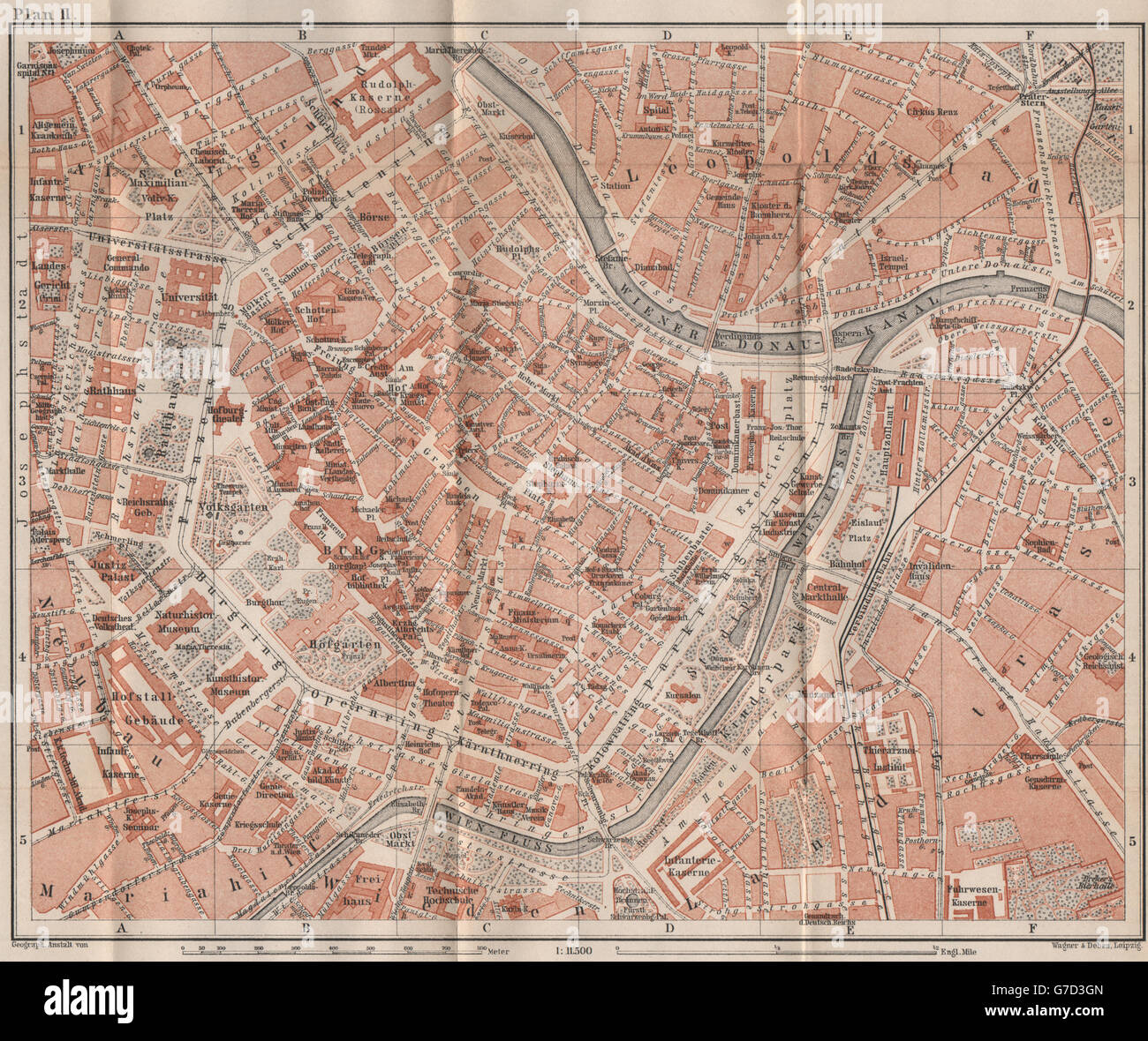 Stadtzentrum von Wien. WIEN-Burg. Stadt Plan attraktivem. Österreich Österreich, Karte von 1896 Stockfoto