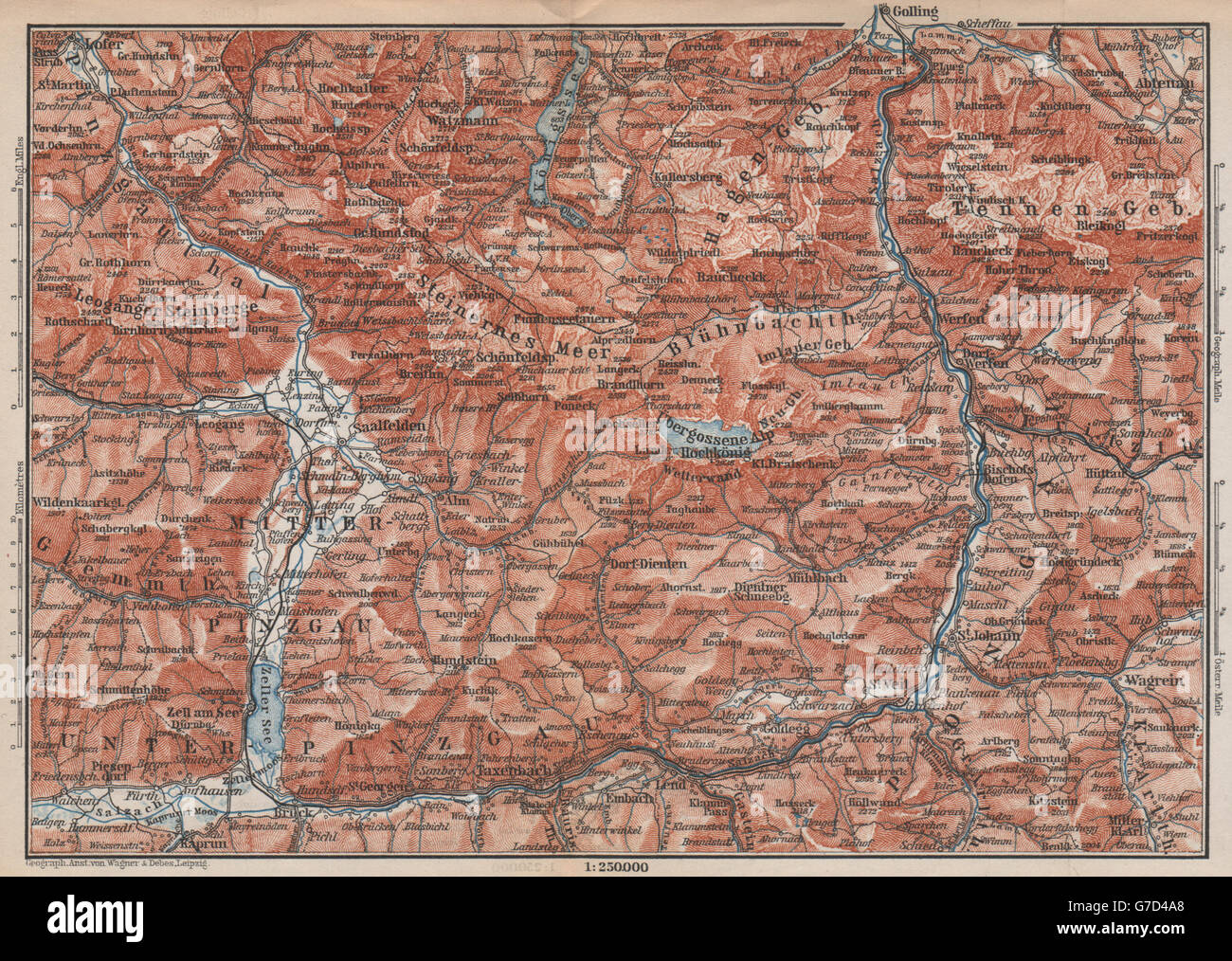 INFO & UMGEBUNG. Saalfelden Tazenbach Golling Zel-am-See, Wagrain, 1896-Karte Stockfoto