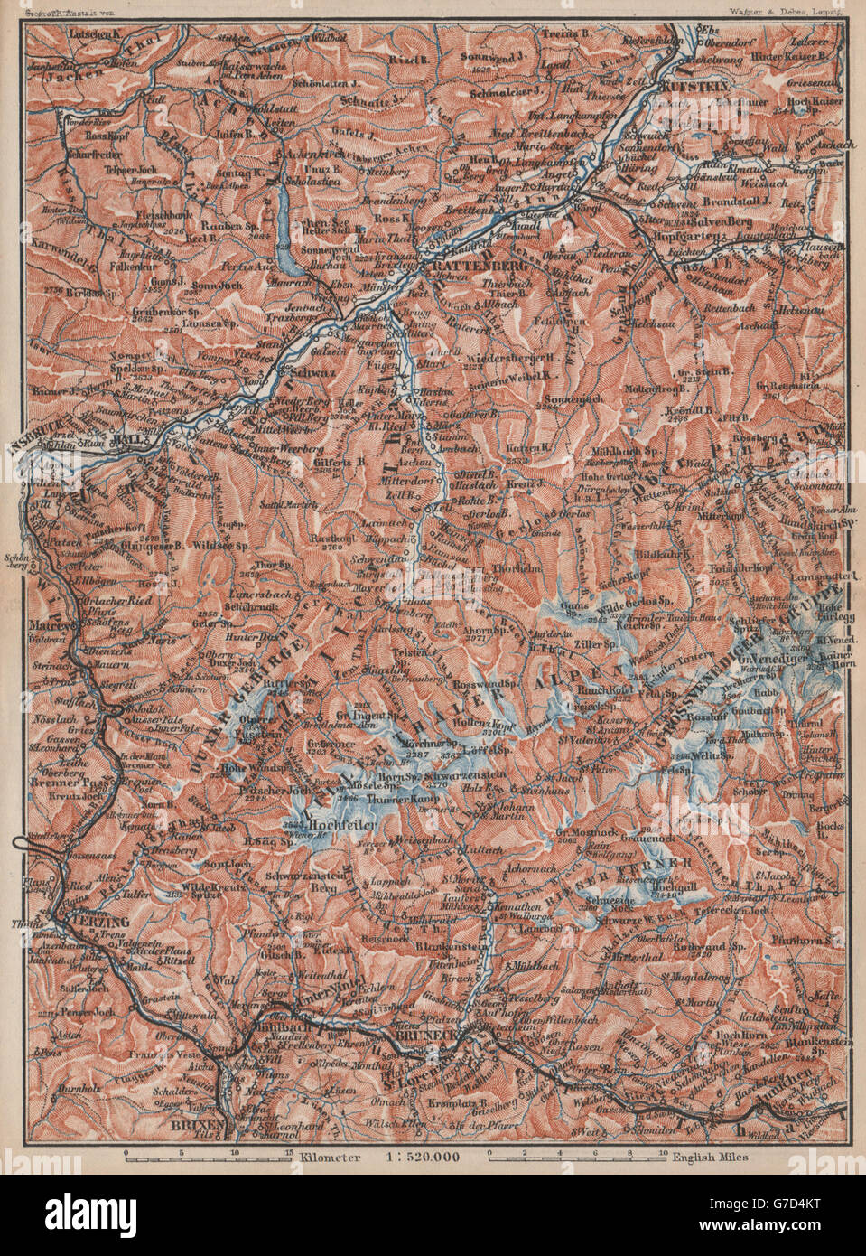 AUFNAHEM/PUSTERTHAL. Igls Mayrhofen Söll Gerlos Oberau Brixen Fügen, 1896-Karte Stockfoto