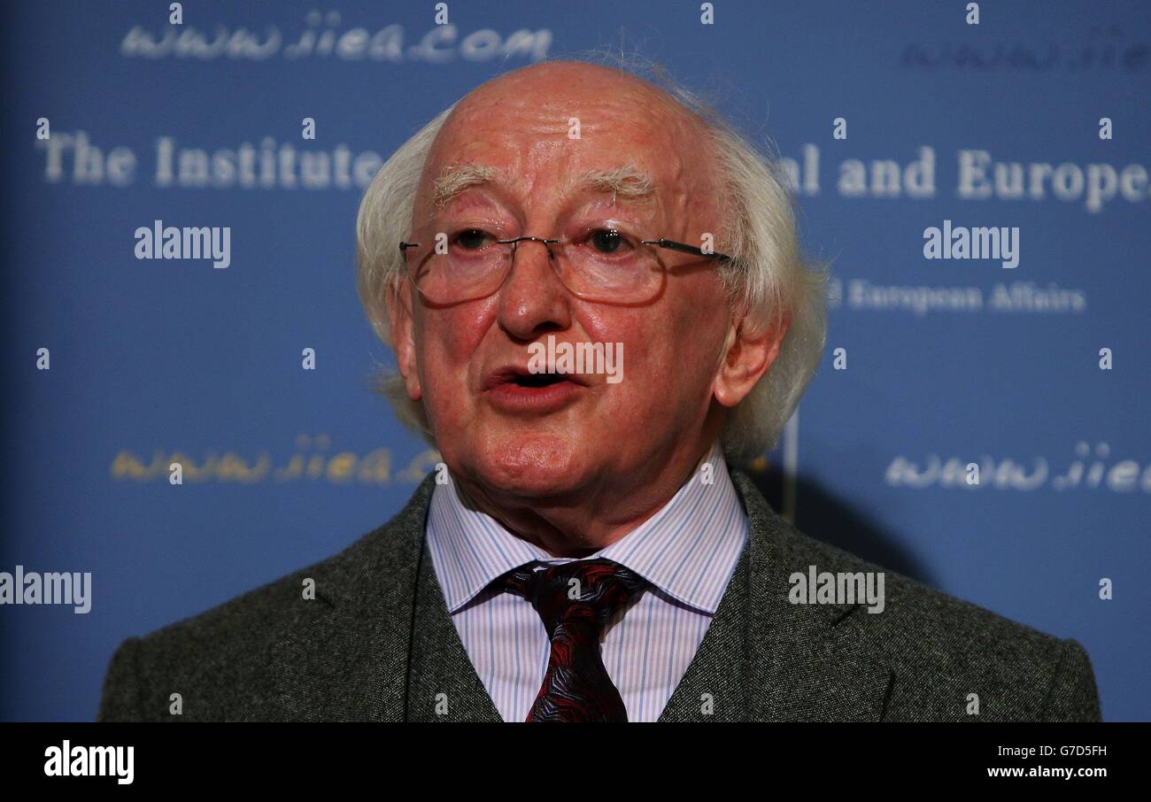 Präsident Michael D. Higgins spricht auf der IIEA zum Thema: "Auf dem Weg zu einem Europa der Bürger - ein ethischer Kontext für die Zukunft Europas", als Teil der irischen Ethikinitiative. Stockfoto