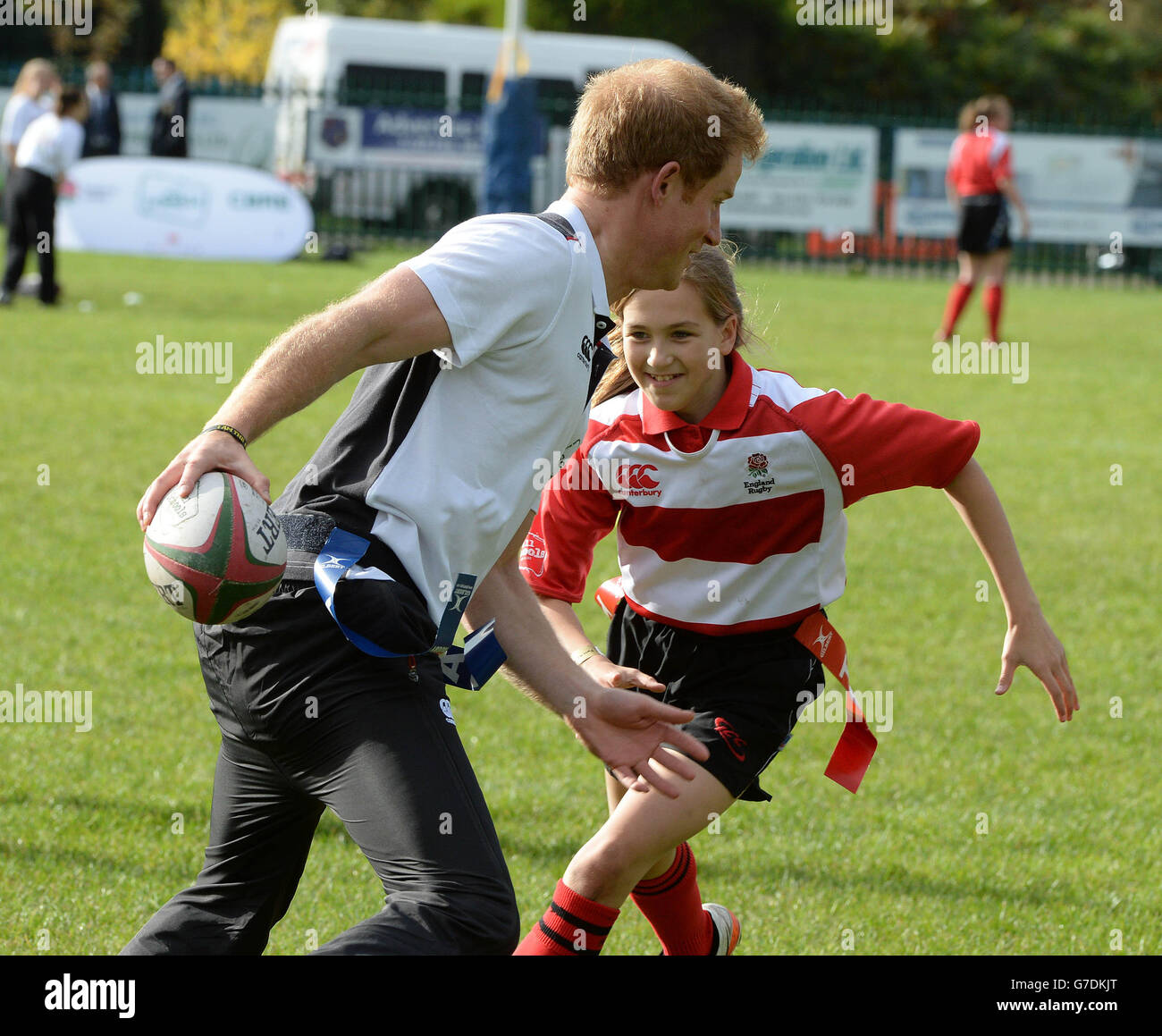 Prince Harry, Patron des England Rugby's All Schools Program, nimmt an einer Lehrerausbildung und einem Rugby Festival im Eccles Rugby Club in Eccles Greater Manchester Teil. Stockfoto