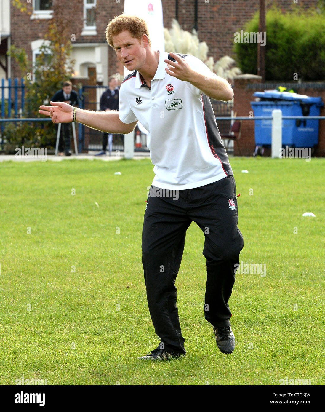 Prince Harry, Patron des England Rugby's All Schools Program, nimmt an einer Lehrerausbildung und einem Rugby Festival im Eccles Rugby Club in Eccles Greater Manchester Teil. Stockfoto