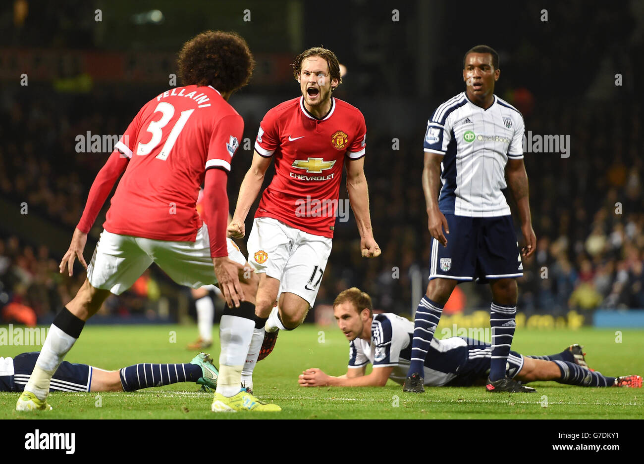 Daley Blind von Manchester United feiert das zweite Tor des Spiels während des Spiels in der Barclays Premier League im Hawthorns, West Bromwich. Stockfoto