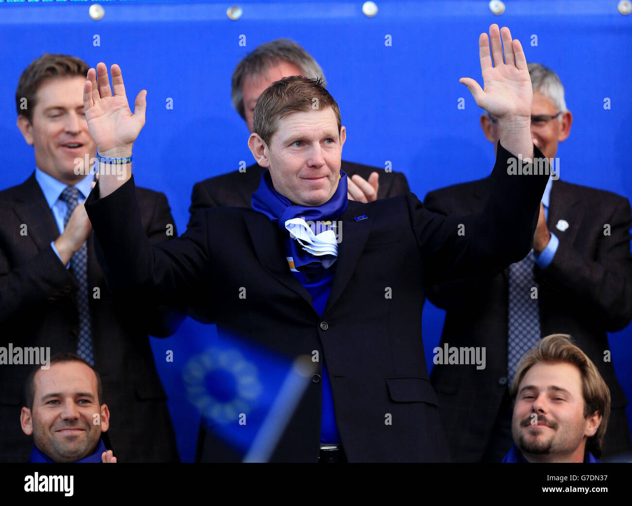 Europas Stephen Gallacher bei den Präsentationen am dritten Tag des 40. Ryder Cup auf dem Gleneagles Golf Course, Perthshire. Stockfoto