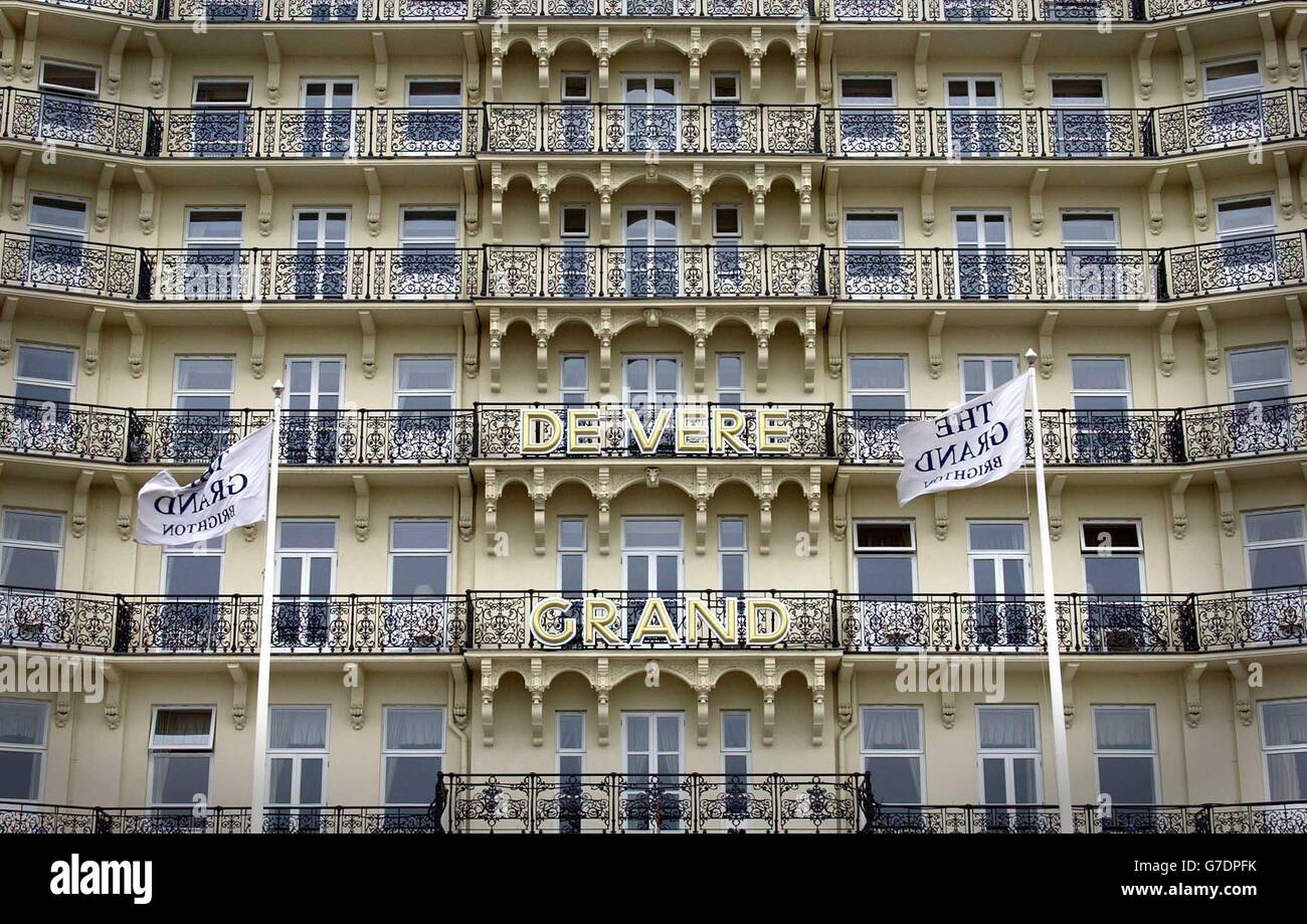 Das Grand Hotel in Brighton, East Sussex. Morgen ist der 20. Jahrestag der Bombenexplosion von Brighton, die der Sprengstoffexperte der IRA, Patrick Magee, während der Parteikonferenz der Konservativen 1984 gepflanzt hat. Der Plan war, Margaret Thatcher und ihre Kabinettskollegen zu töten, die während der Tory Party Konferenz im Grand Hotel in Brighton wohnten. Es versagte in seinem Ziel, aber es verursachte Tod, Verwüstung, Zerstörung und Bedrängnis für unzählige andere Menschen, die nicht im Visier der IRA waren, aber unweigerlich gelitten haben. Stockfoto