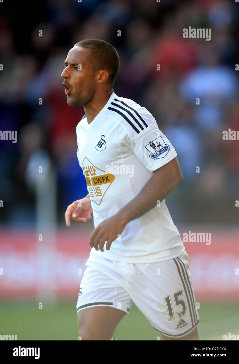Wayne Routledge von Swansea City feiert beim Spiel der Barclays Premier League im Liberty Stadium, Swansea, das zweite Tor des Spiels seiner Seite. Stockfoto