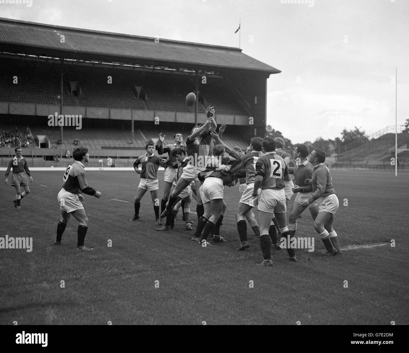Rugby Union - Harlekins / Llanelli - Twickeham. I. M. Davies (Harlequins) und Stuart Gallacher (Llanelli) springen aus einer Line-Out-Position vor den Ball. Stockfoto