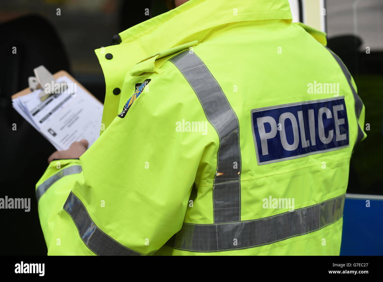 Polizeibestand. Detail eines Polizisten Stockfoto