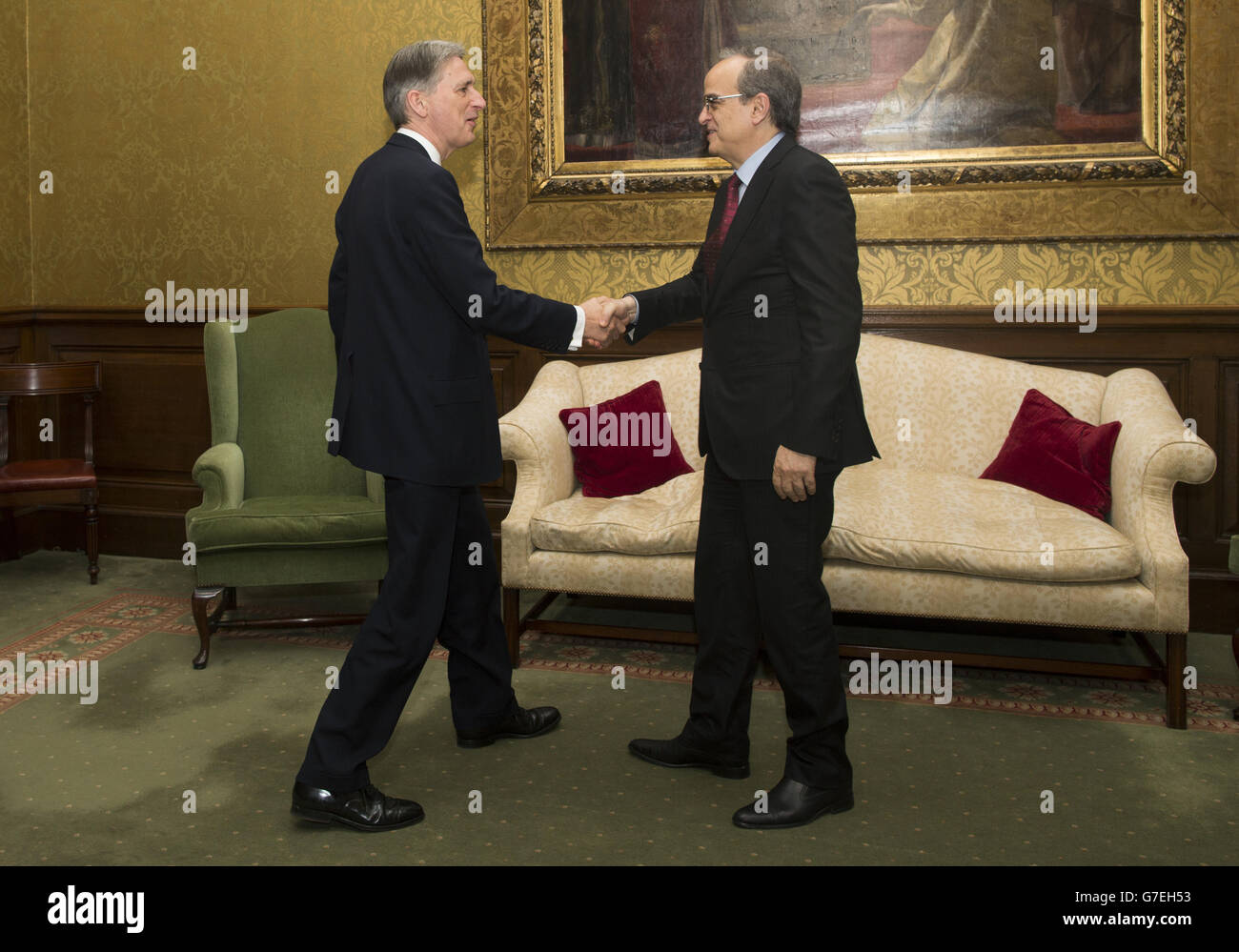 Philip Hammond Treffen mit dem Präsidenten der syrischen nationalen Koalition - London Stockfoto