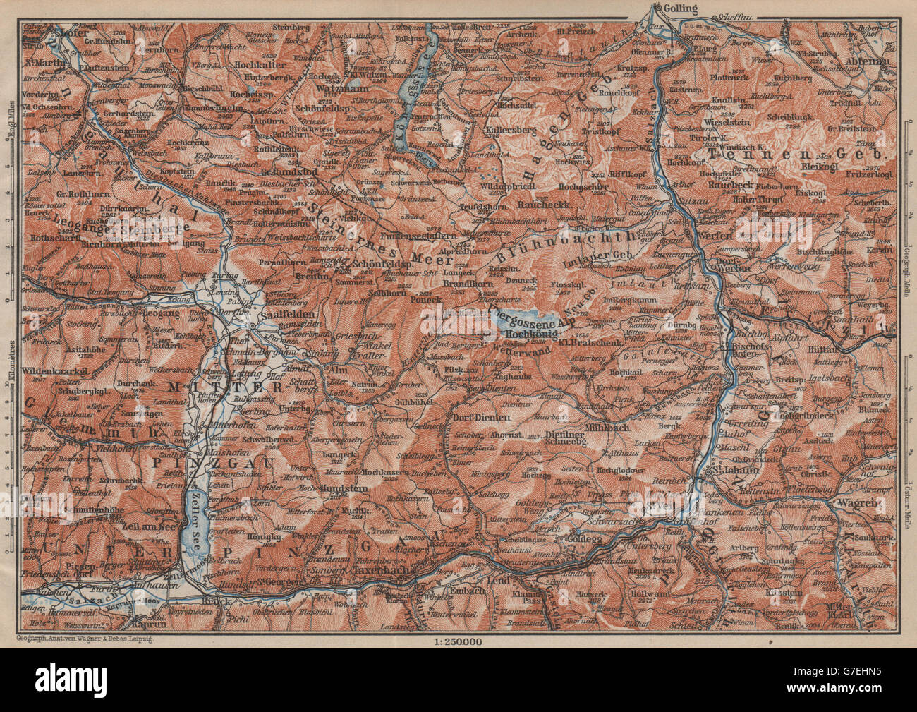 INFO & UMGEBUNG. Saalfelden Tazenbach Golling Zel-am-See, Wagrain, 1905-Karte Stockfoto