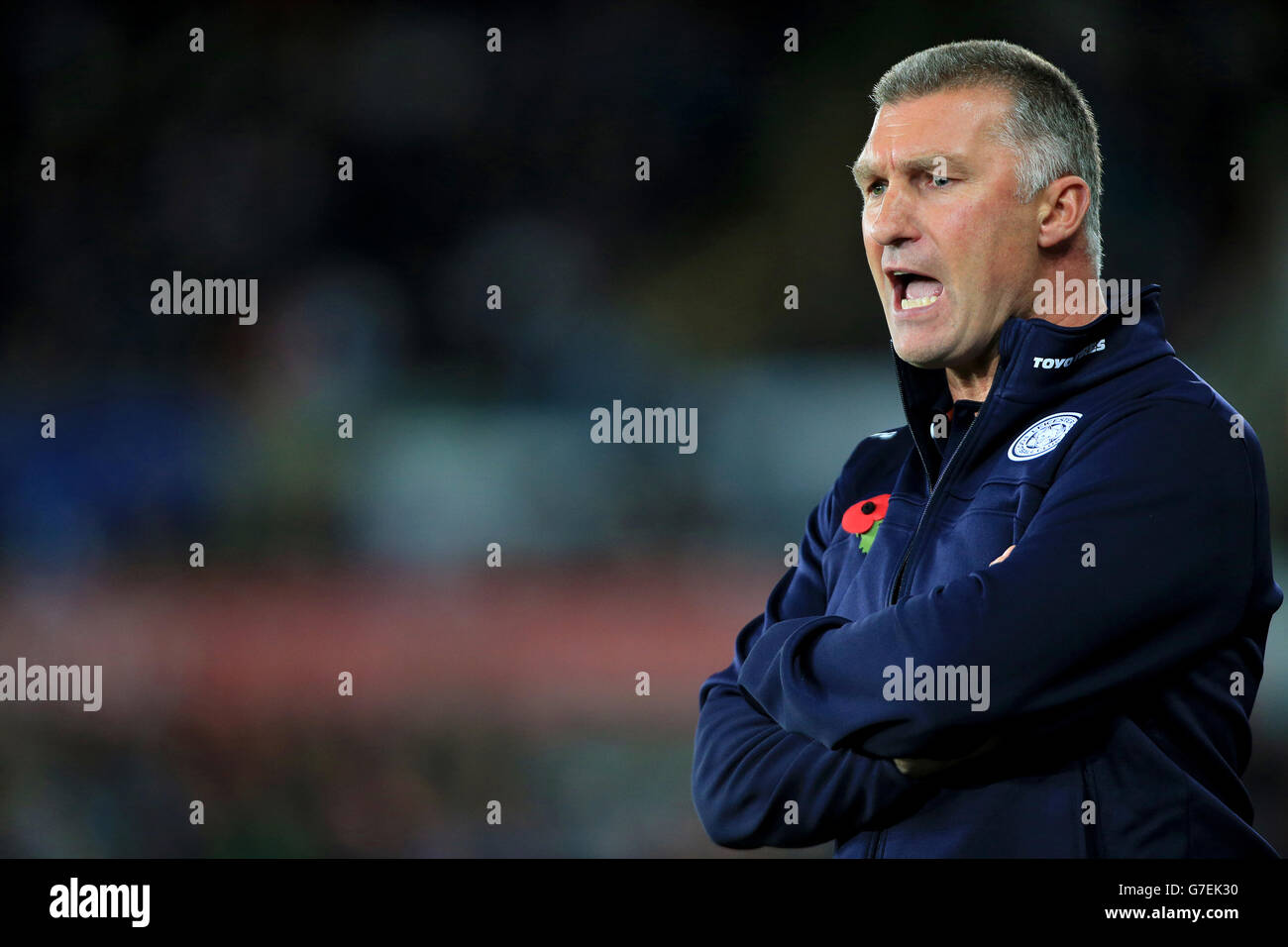 Leicester City Manager Nigel Pearson beim Barclays Premier League Spiel im Liberty Stadium, Swansea. DRÜCKEN Sie VERBANDSFOTO. Bilddatum: Samstag, 25. Oktober 2014. Siehe PA Geschichte FUSSBALL Swansea. Das Foto sollte Nick Potts/PA Wire lauten. . . Stockfoto