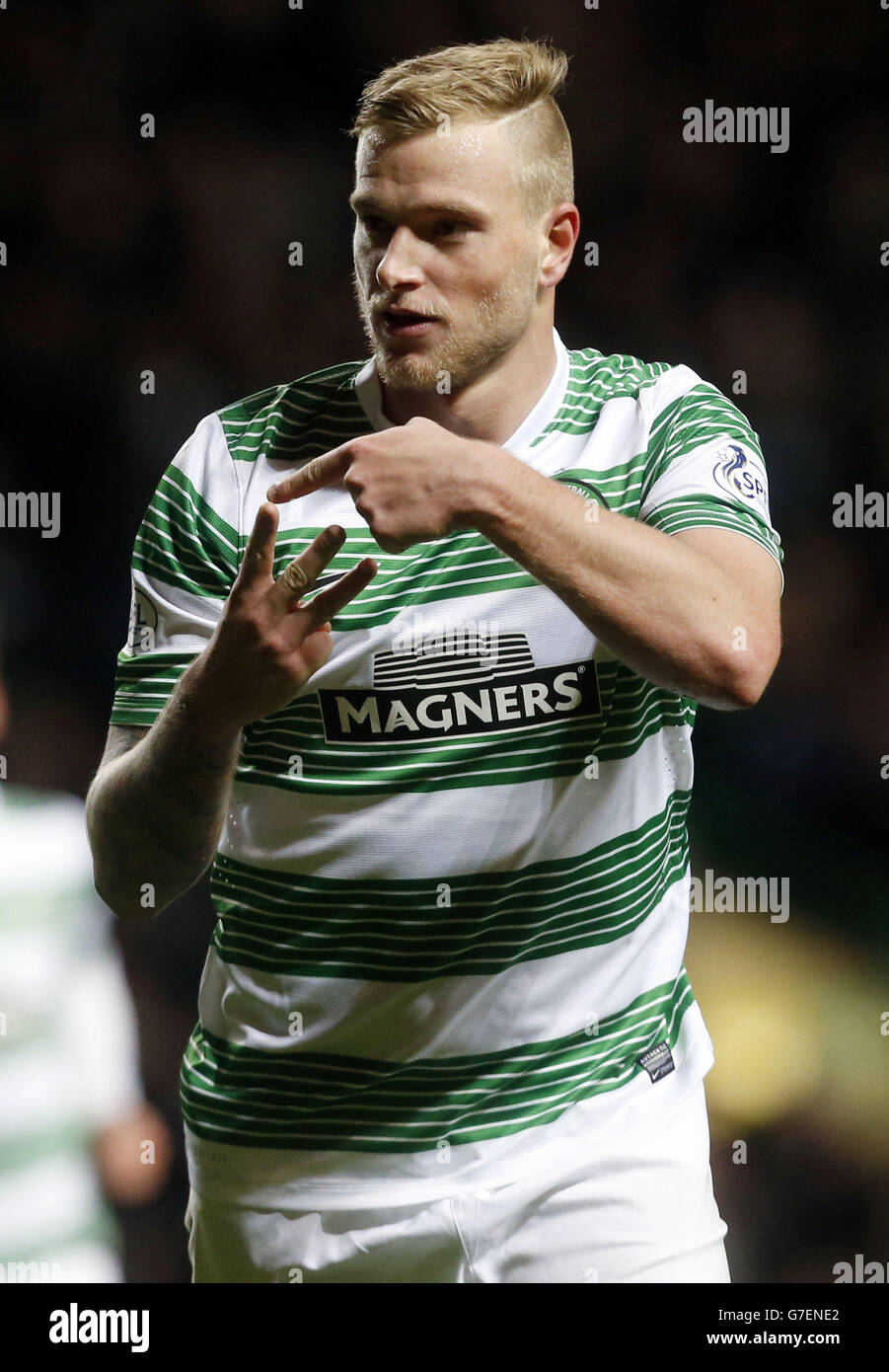 Fußball - Scottish League Cup - Viertelfinale - Celtic / Partick Thistle - Celtic Park. John Guidetti von Celtic feiert sein drittes Tor beim Scottish League Cup Quarter Final im Celtic Park, Glasgow. Stockfoto