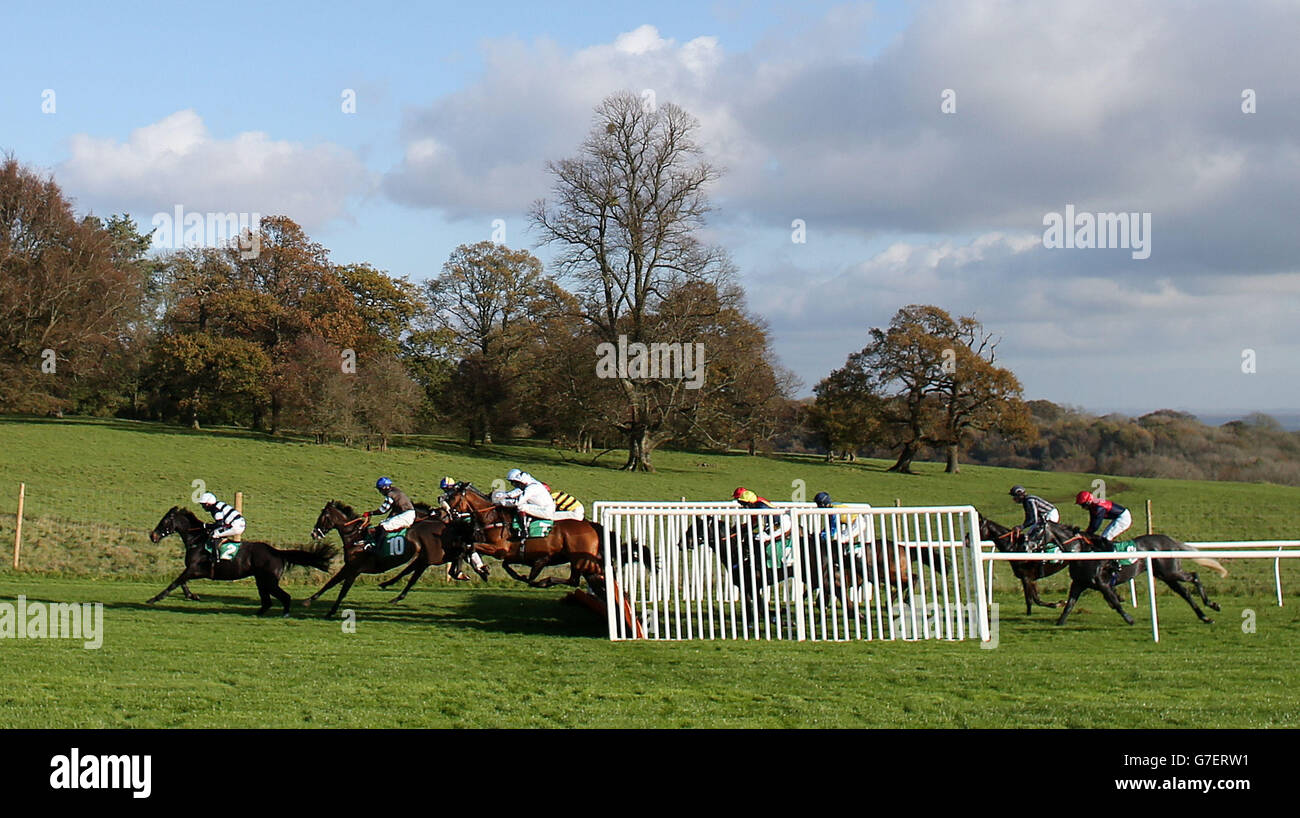 Ashtown geritten von Mark Quinlan führt das Feld in der Go Compare Maiden Hürde auf der Chepstow Racecourse. Stockfoto