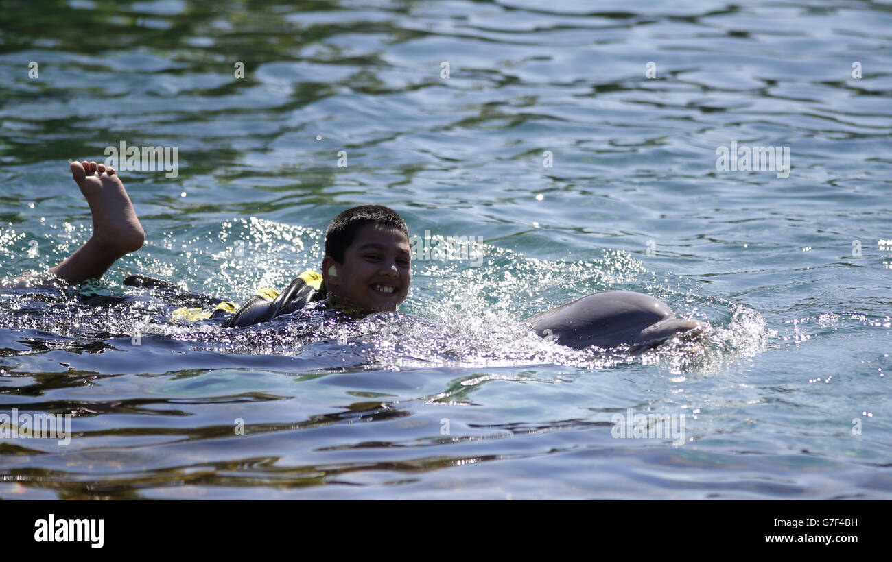 Bradley Singleton aus Wigan schwimmt mit einem Delphin auf dem Dreamflight Charity Trip zur Discovery Cove in Orlando, Florida. Stockfoto