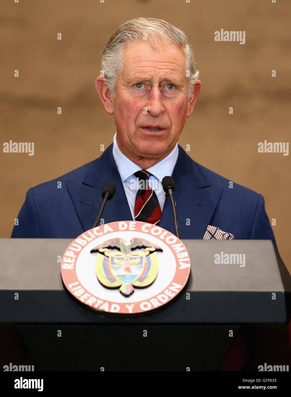 Der Prinz von Wales hält eine Rede im Zentrum für Frieden und Versöhnung in Bogota, Kolumbien im Rahmen ihrer Reise durch das südamerikanische Land. Stockfoto