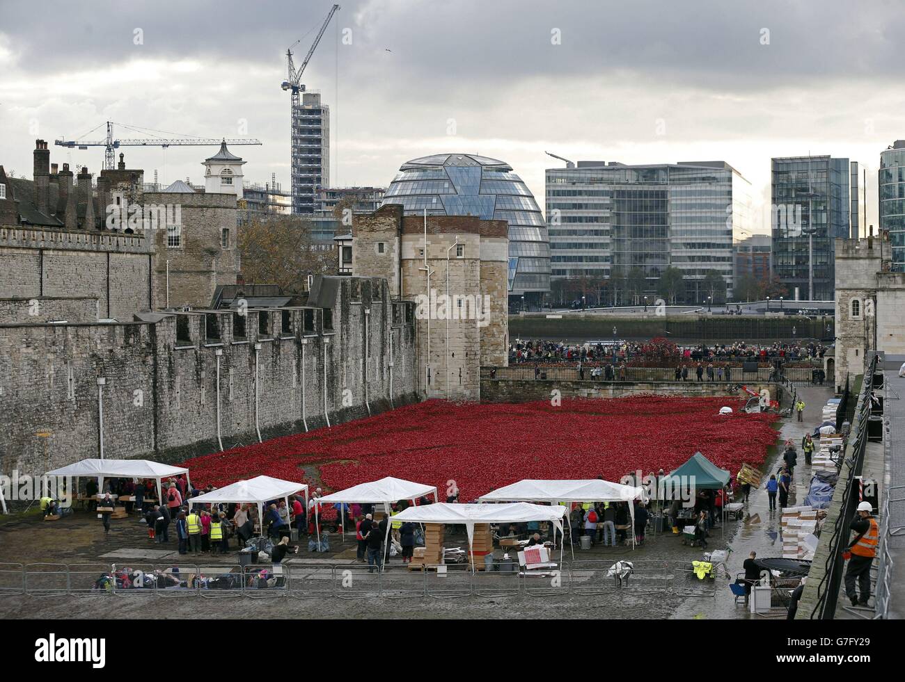 Der letzte Fleck von Keramikmohn, der Teil der Blood Swept Lands and Seas of Red Installation ist, wird von Freiwilligen am Tower of London demontiert. Stockfoto