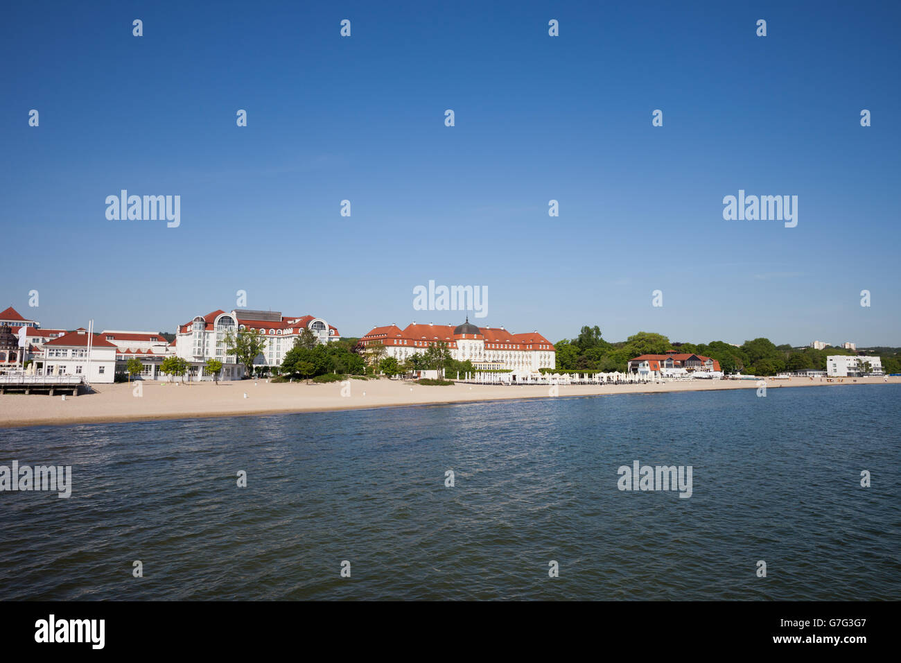 Kurstadt Sopot in Polen, Skyline, Strand an der Ostsee Stockfoto