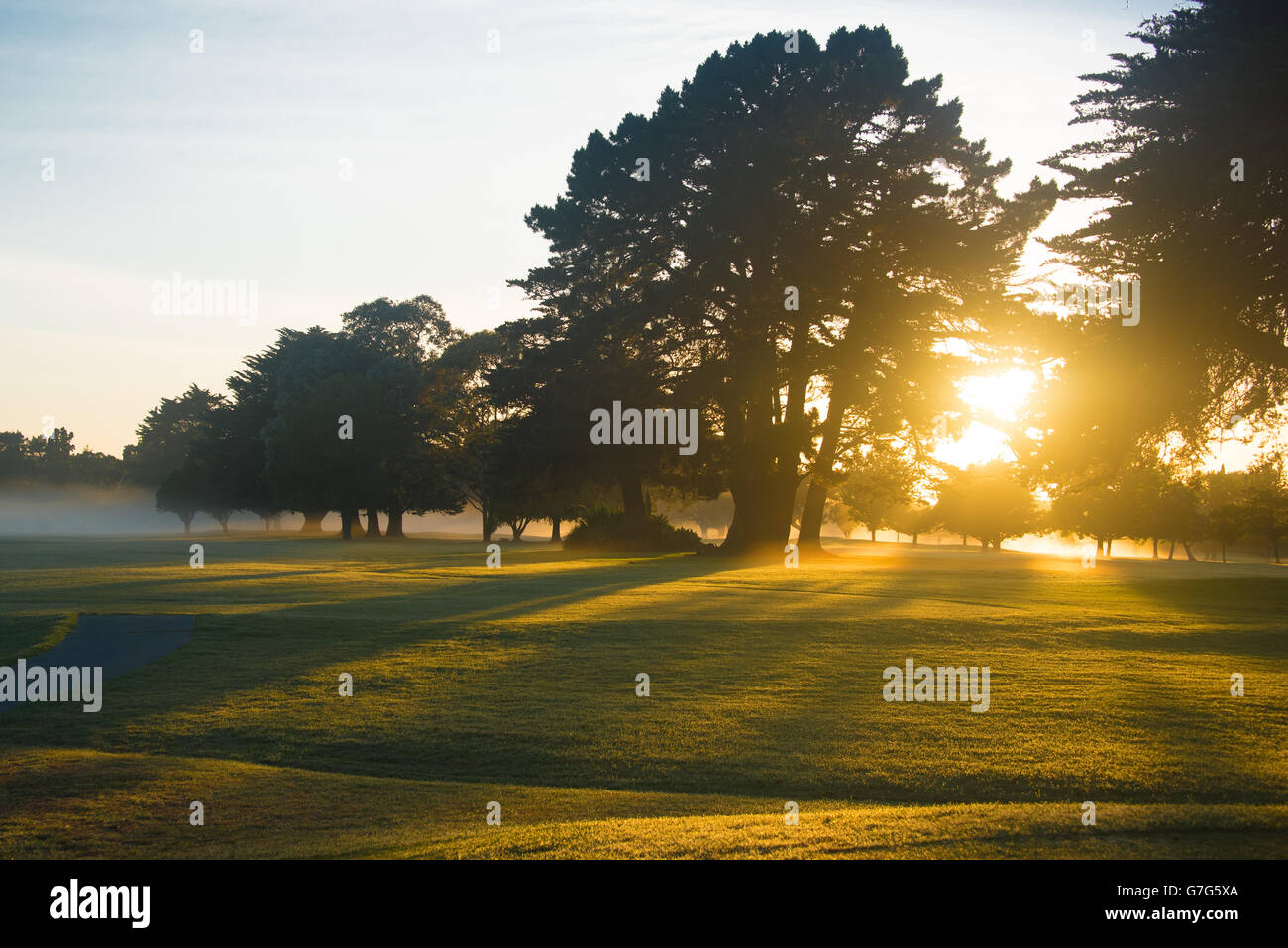 Golf Course at Dawn Hintergrundbeleuchtung von aufgehenden Sonne Stockfoto