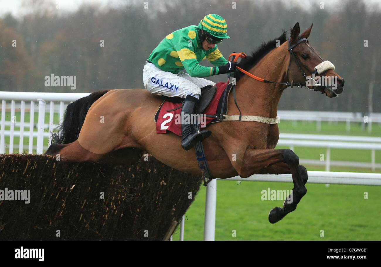 Die dritte Absicht von Daryl Jacob springt die letzte, um den Oak Loans and Mortgage Graduation Steeple Chase auf der Haydock Racecourse, Merseyside, zu gewinnen. Bilddatum: Freitag, 21. November 2014. Stockfoto