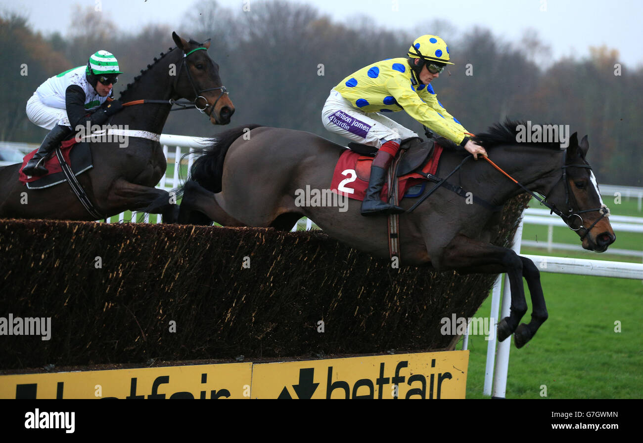 Virak wird von Sam Twiston Davies auf seinem Weg zum Gewinn des BETFAIR Hame of Price Rush Novices Steeple Chase auf der Haydock Racecourse, Merseyside, gefahren. Bilddatum: Freitag, 21. November 2014. Stockfoto