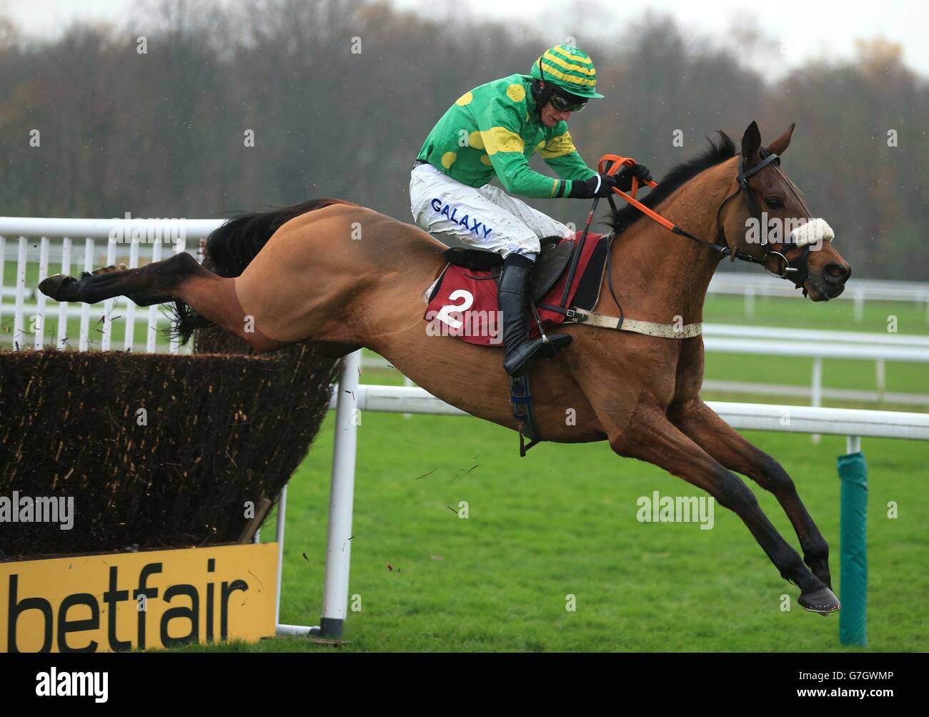 Die dritte Absicht von Daryl Jacob springt die letzte, um den Oak Loans and Mortgage Graduation Steeple Chase auf der Haydock Racecourse, Merseyside, zu gewinnen. Bilddatum: Freitag, 21. November 2014. Stockfoto