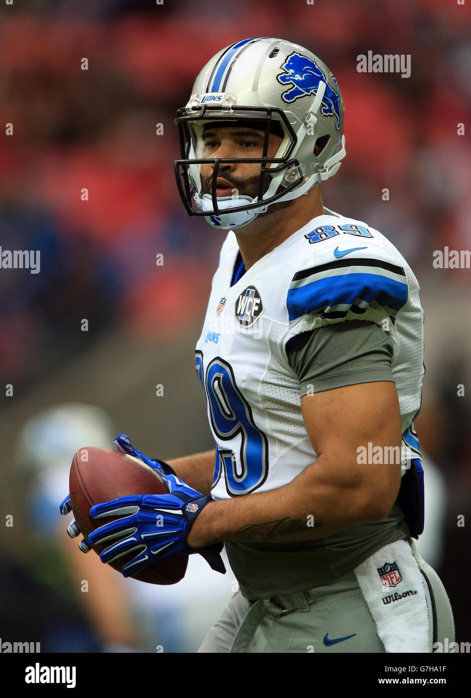 American Football - NFL International Series 2014 - Detroit Lions / Atlanta Falcons - Wembley Stadium. Kellen Davis, Detroit Lions' Straffer Stockfoto