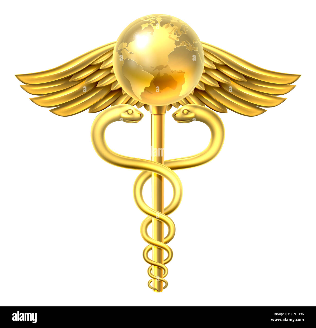 Ein Caduceus Globus medizinischen Symbol Konzept der eine gold medizinische oder Herd Pflege Symbol Caduceus mit einem Globus Erde Stockfoto