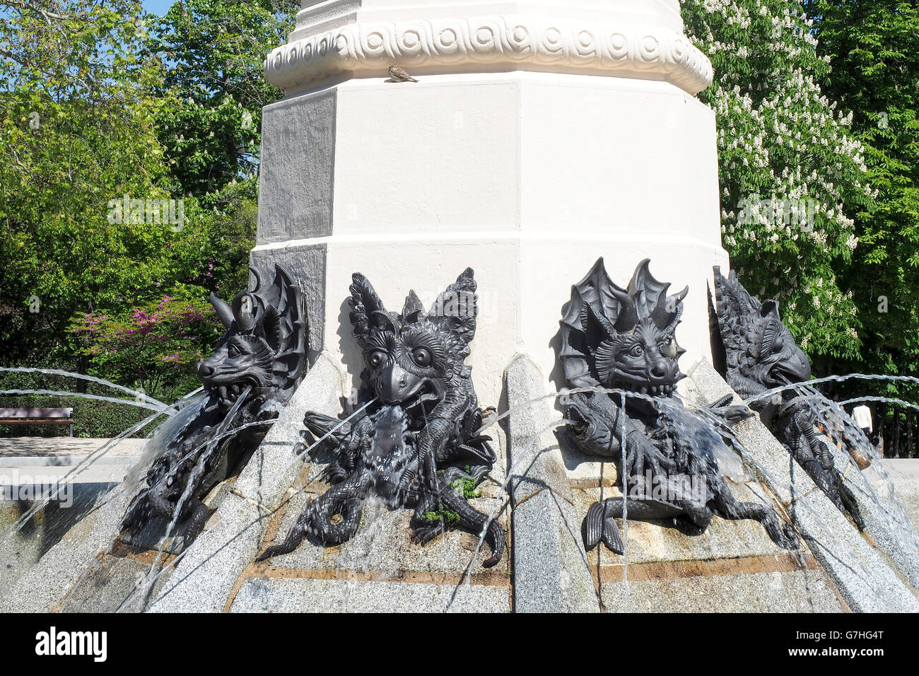 Gefallener Engel-Statue im Retiro-Park. Madrid. Spanien Stockfoto