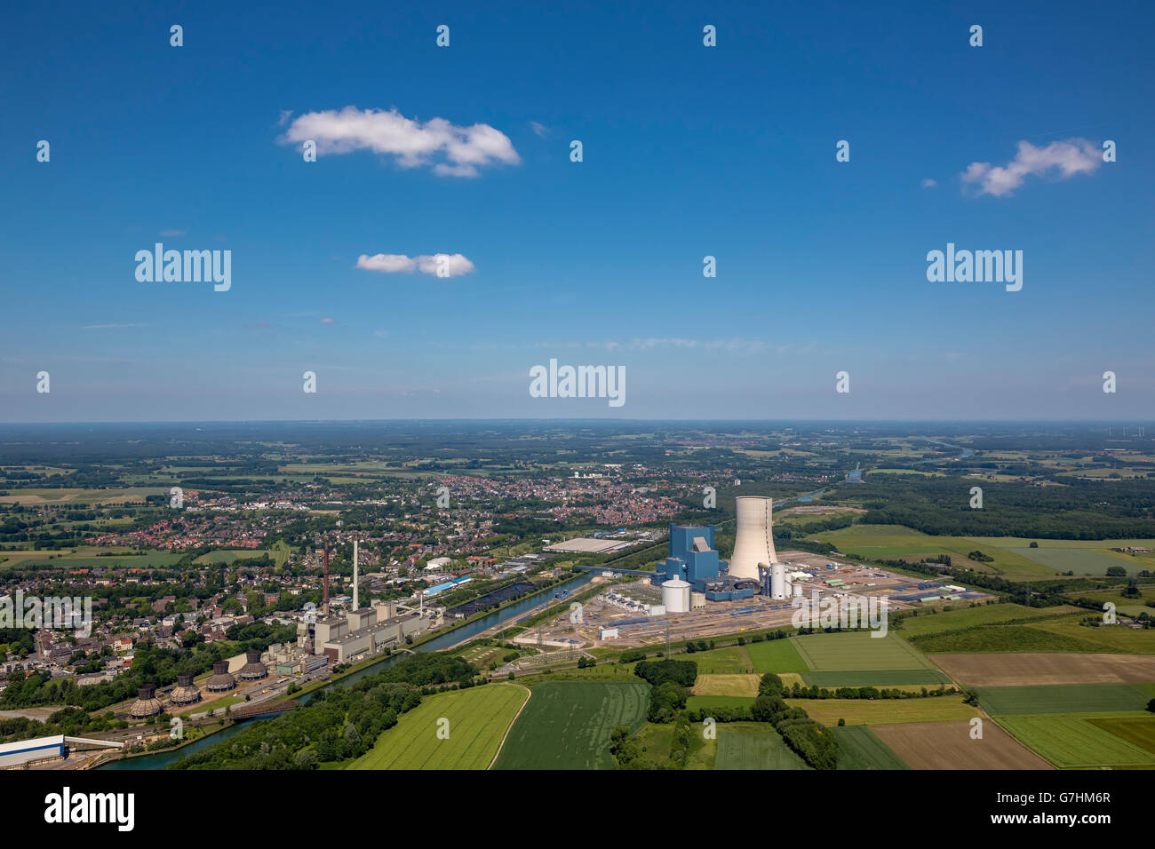 Luftaufnahme, Kraftwerksbau EON Datteln 4, Einfrieren aufgrund rechtlicher Probleme nach einer fehlgeschlagenen Zoning, Dortmund-Ems-Kanal, Stockfoto