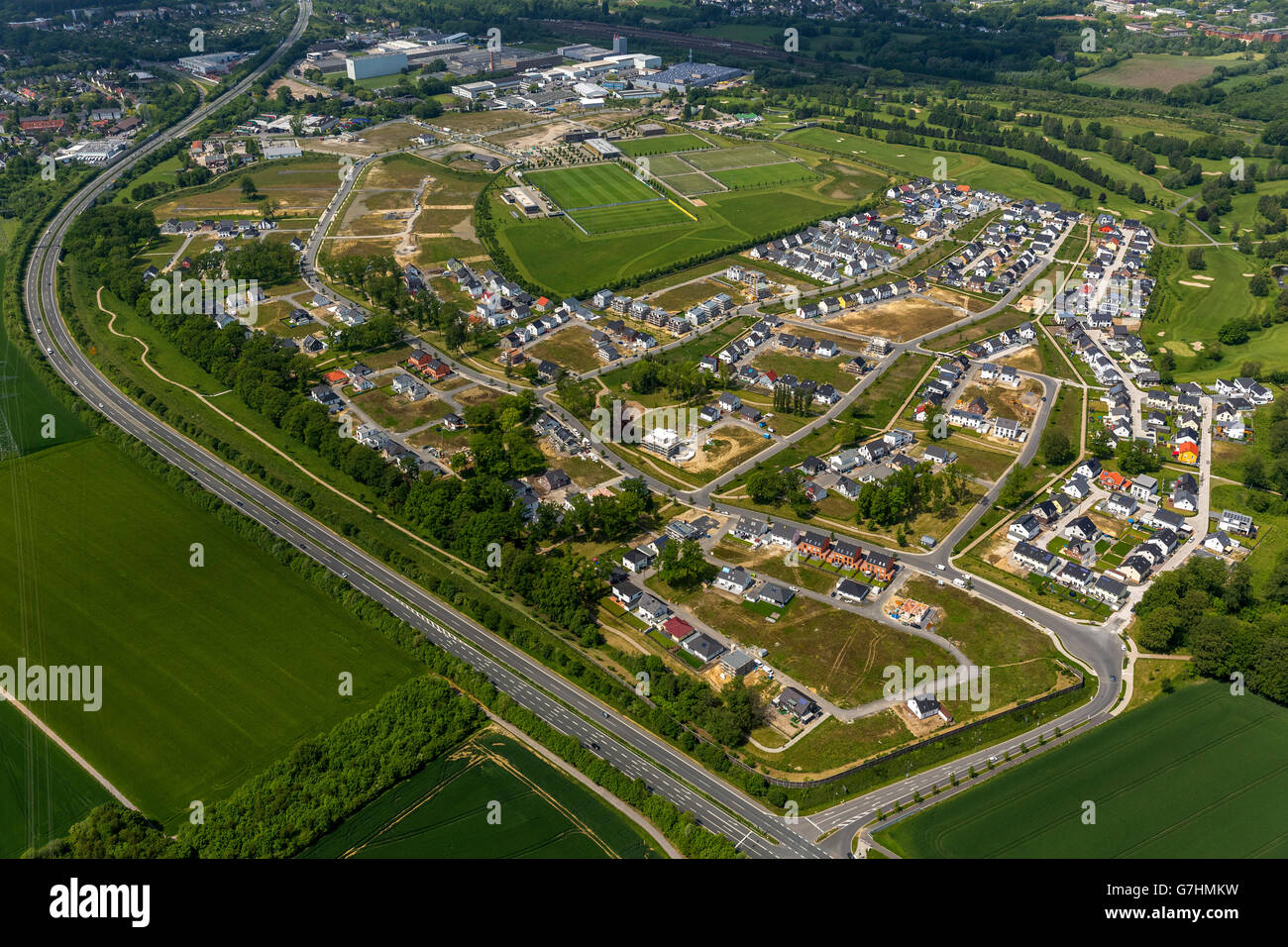 Luftaufnahme, Einfamilienhäuser, Doppelhaus, Umbau Bereich, ehemalige Kaserne der britischen Armee des Rheins, Baugebiet Stockfoto