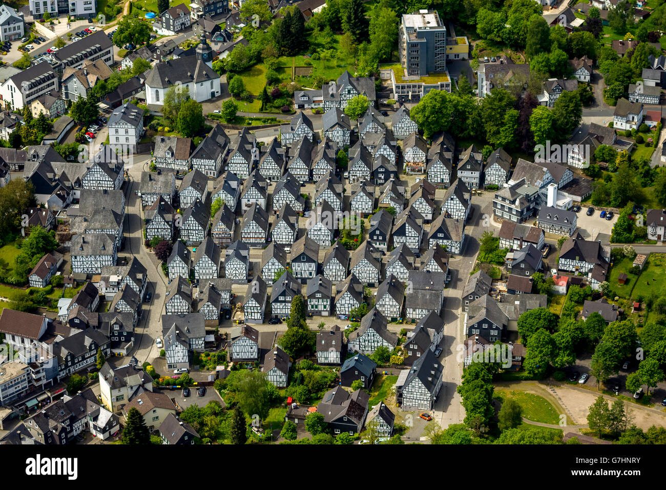 Luftbild, Fachwerkhäuser, alte Flecken, Altstadt Freudenberg ...