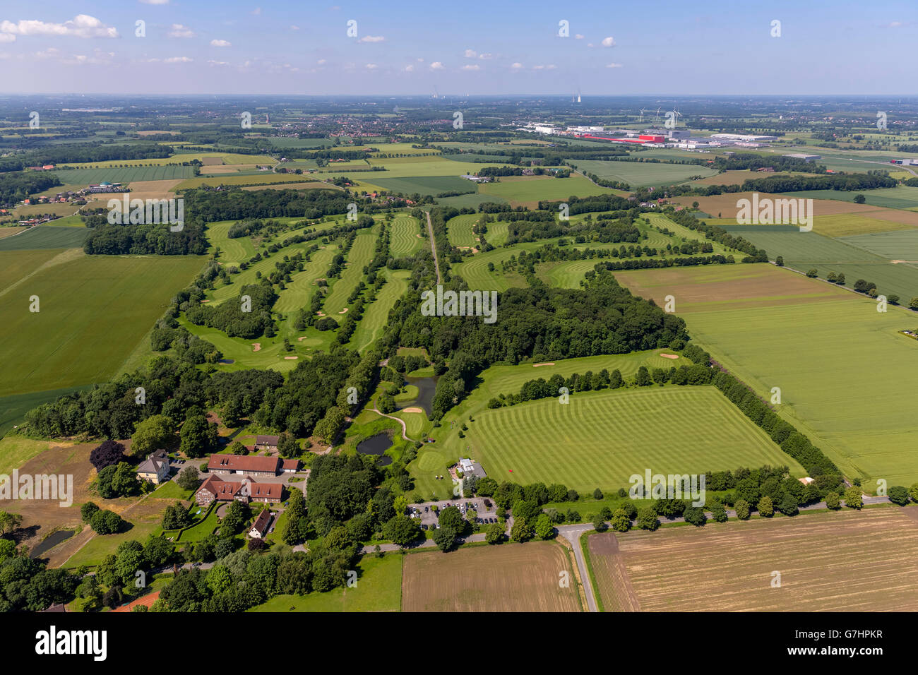 Luftaufnahme, Golfclub Hamm, Golfclub Hamm Drechen, Golfplatz, driving-Range, Grüns, Sandbunker, Hamm, Ruhrgebiet, Stockfoto