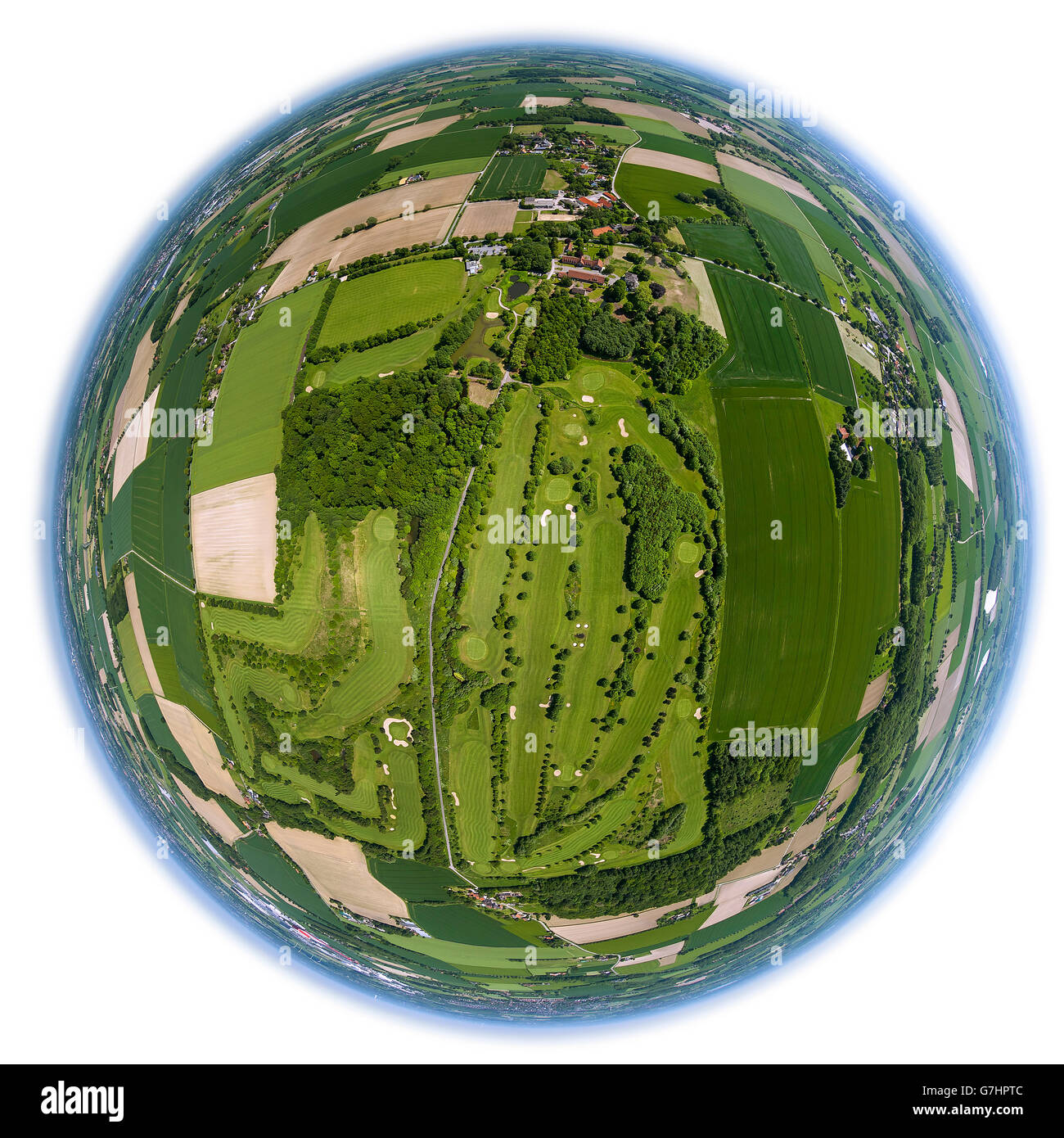 Luftbild, fisheye Optik, fisheye-Objektiv, Übersicht über den Golfplatz Hamm, Golfclub Hamm-Drechen, Grüns, Bunker, Hamm, Stockfoto